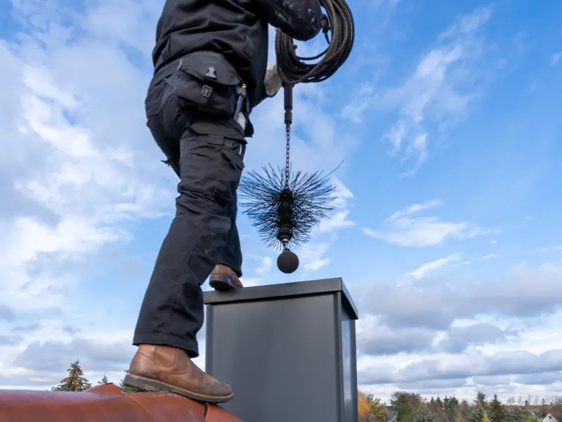 Chimney sweep cleaning a chimney flue