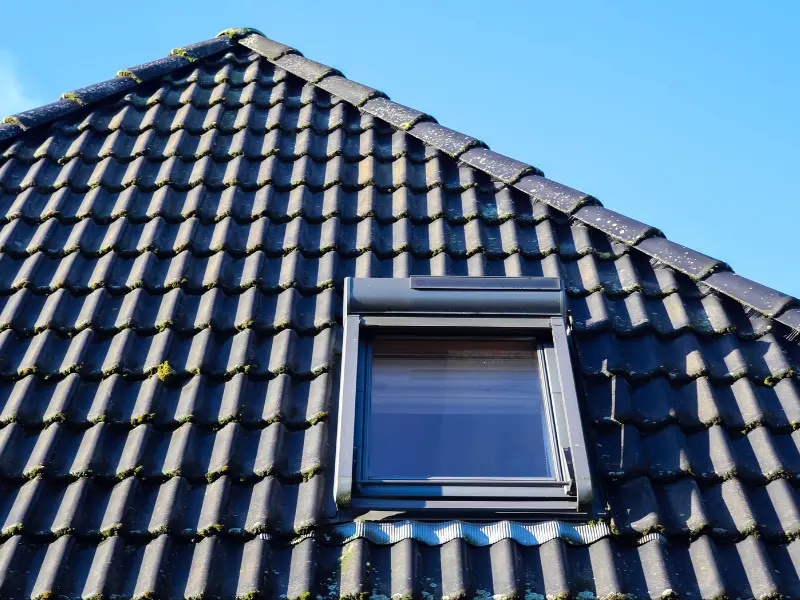 Skylight window installed on a dark tiled roof.