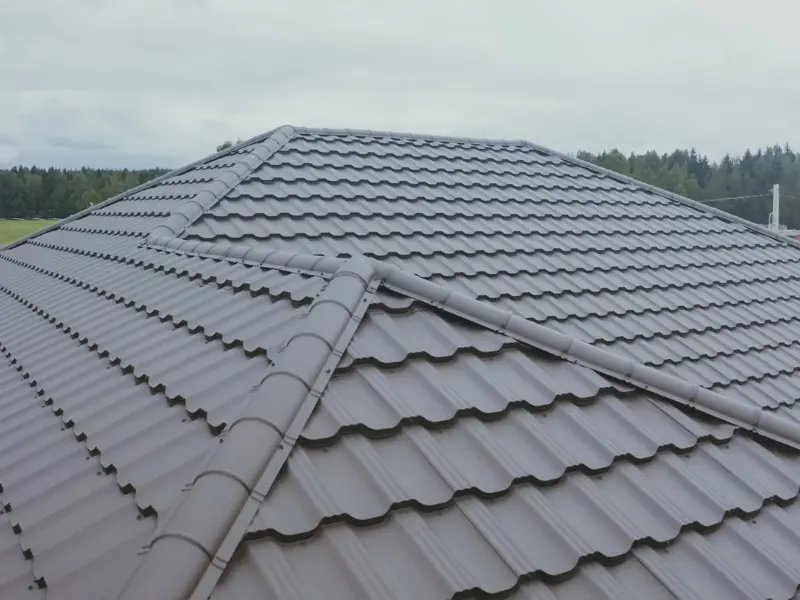 Aerial view of a brown tiled hip roof surrounded by trees.