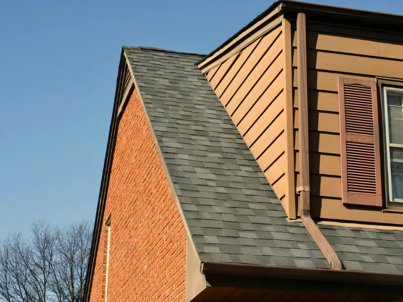 Gray shingle roof meeting a brick and siding dormer.