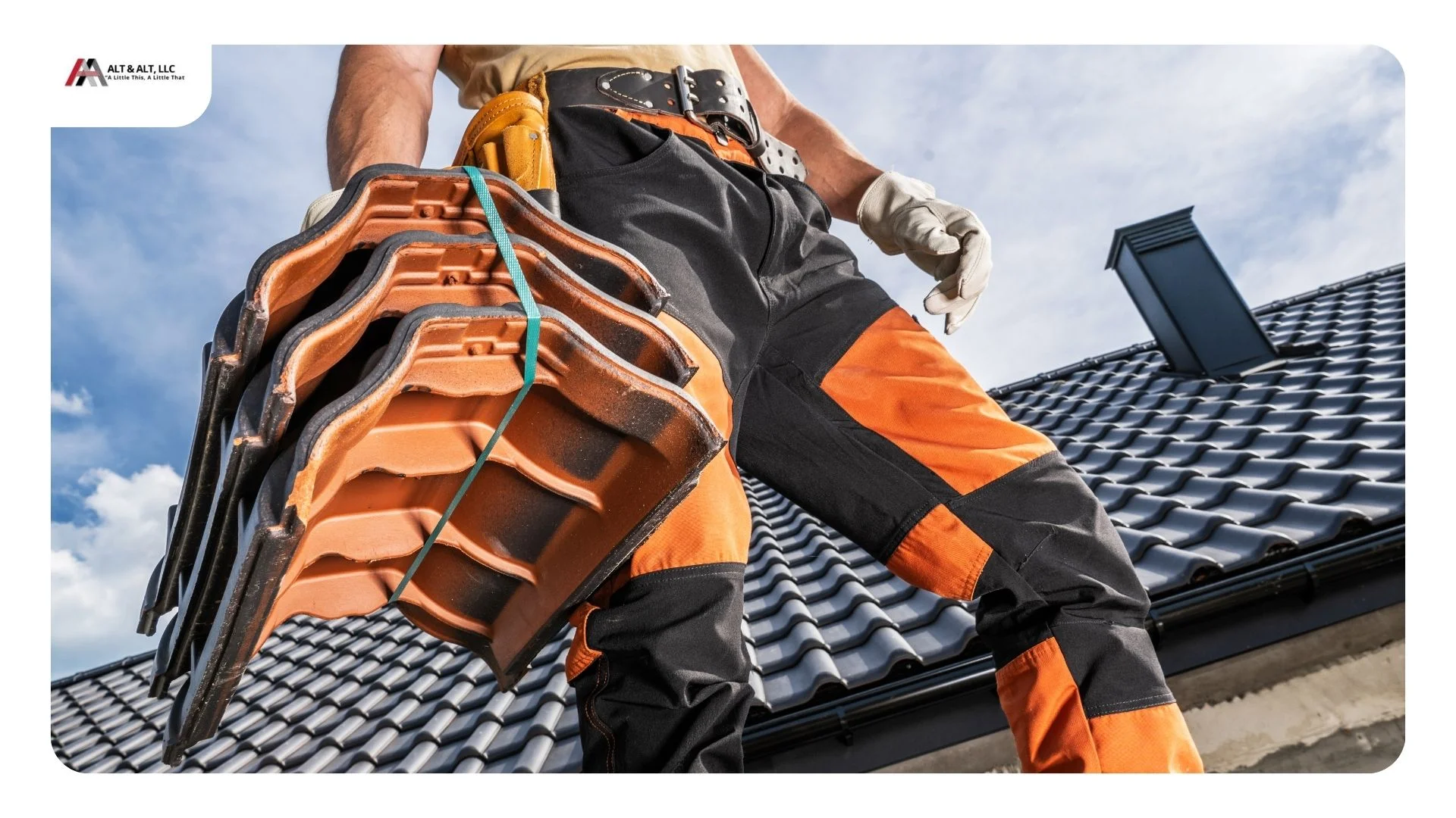 Alt & Alt roofing contractor inspecting shingles and flashing on a residential roof in Tallmadge, Ohio