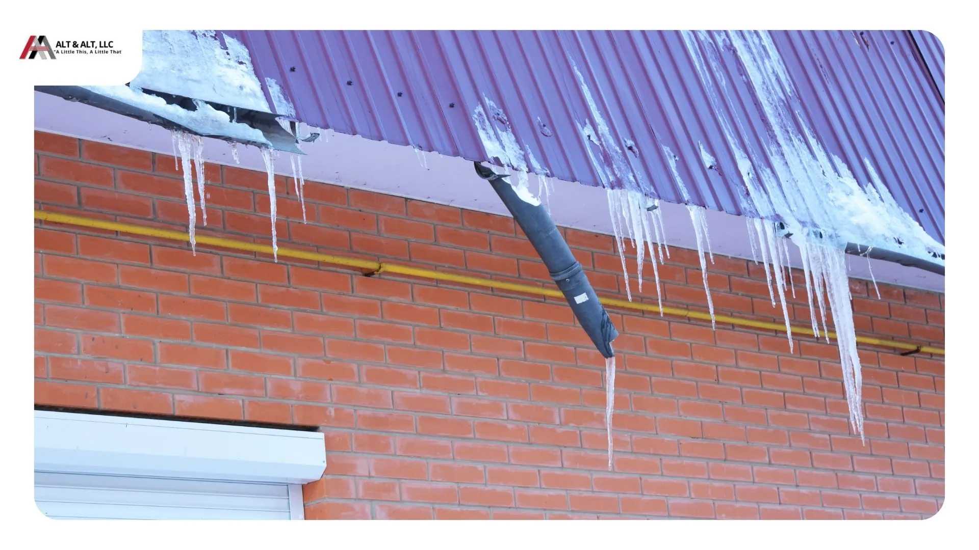 Icicles and an ice dam hanging from a roof edge and gutter